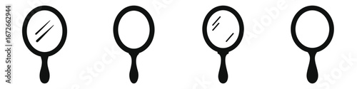 Set of four black hand mirror icons with reflective glass and simple handles, beauty and grooming accessory illustrations, personal care and vanity mirror vector designs