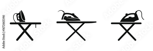 Set of three black silhouette icons of electric irons on ironing boards, household laundry appliances for fabric care, steam iron and dry iron vector illustrations for home and cleaning concepts