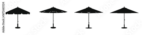 Set of four black outdoor patio umbrella icons with different canopy shapes and pole designs, garden and beach sunshade silhouettes, summer and outdoor furniture vector illustrations