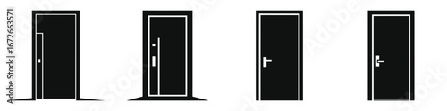 Set of four black door icons with different modern and classic designs, closed entrance door silhouettes with handles and frames, home and office doorway vector illustrations for architecture and secu
