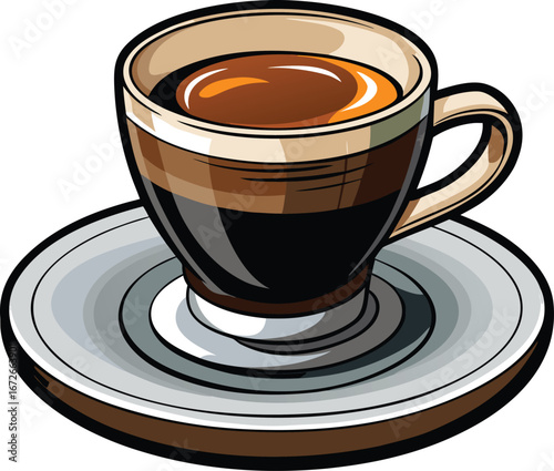 Singles Dining Experience Cartoon Illustration of Espresso Coffee in a Cup and Saucer