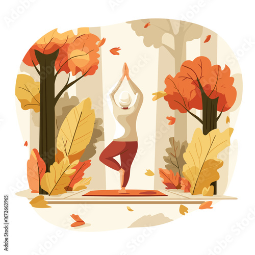 Enjoying Peaceful Fall Yoga Amidst Vibrant Autumn Foliage in the Park