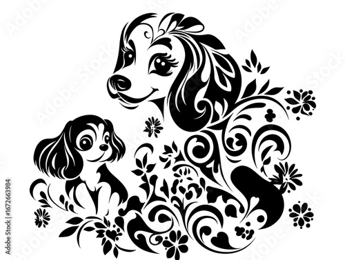 Puppy Plays Happily Beside Its Loving Mother in a Vibrant Garden Setting