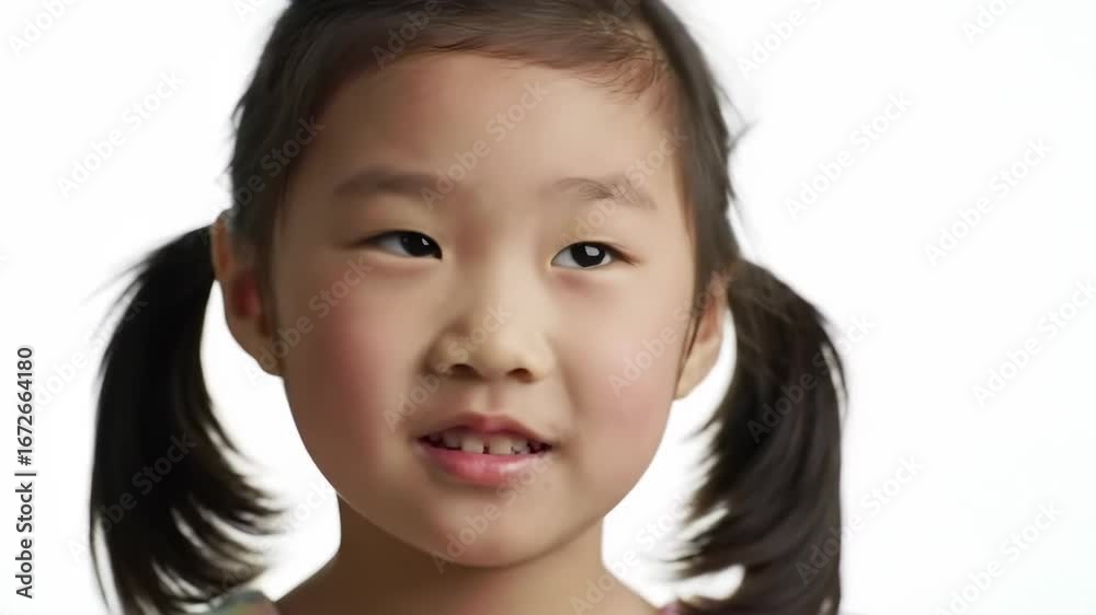 Smiling Asian Girl with Pigtails Looking Directly at the Camera Against White Background Smiling Asian Girl with Pigtails Looking Directly at the Camera Against White Background