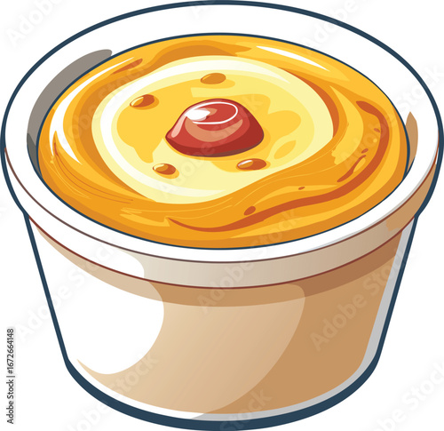 Singles Dining Experience Creamy Yellow Dessert in a Disposable Cup with Red Topping:  Sweet Treat Illustration