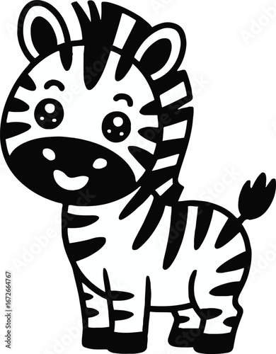 A cartoon zebra standing with black stripes and a cute expression on a white background isolated art