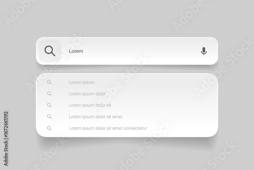 Search Bar with suggestions for UI UX design and web site. Search Address and navigation bar icon. Collection of search form templates for websites. Search engine web browser window template