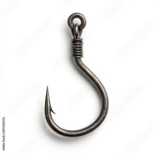 A close-up of a single fish hook with a curved shape and a sharp point