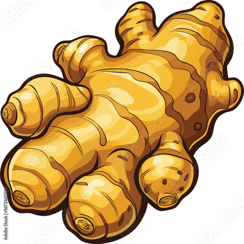 Wellness Spa Day Graphics Vibrant Hand-Drawn Illustration of Fresh Ginger Root, Detailed Depiction of Golden Yellow Rhizome with Brown Line