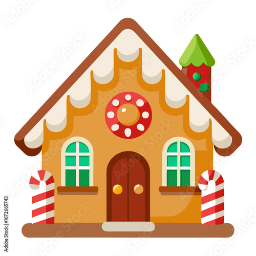 Decorated gingerbread house with icing isolated on white background