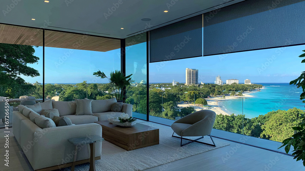 Fototapeta premium Luxurious and tranquil environment with panoramic ocean and city views. Perfect for interior design, architecture, tourism, and real estate projects.