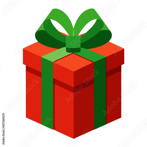 Red christmas gift box with green ribbon isolated on white background