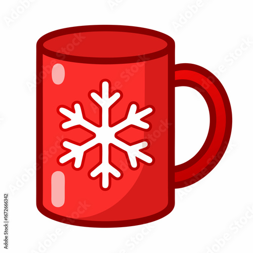 Red ceramic mug with a white snowflake design isolated on white background