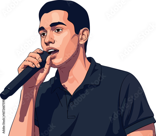 Male singer performing with microphone vector illustration in dark shirt 