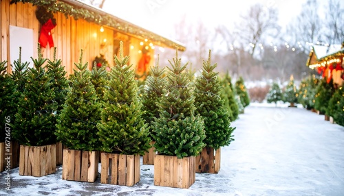 Christmas trees for sale at a snowy market