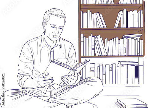 Man reading book sitting cross-legged in front of bookshelf vector illustration 