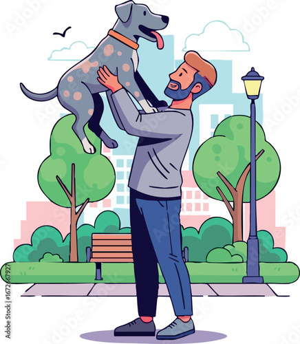 Man lifting dog happily in park with trees and bench vector illustration 
