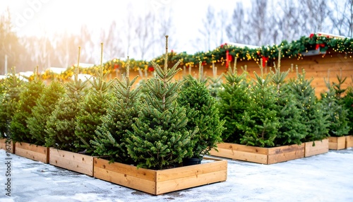 Christmas trees for sale outdoors in winter