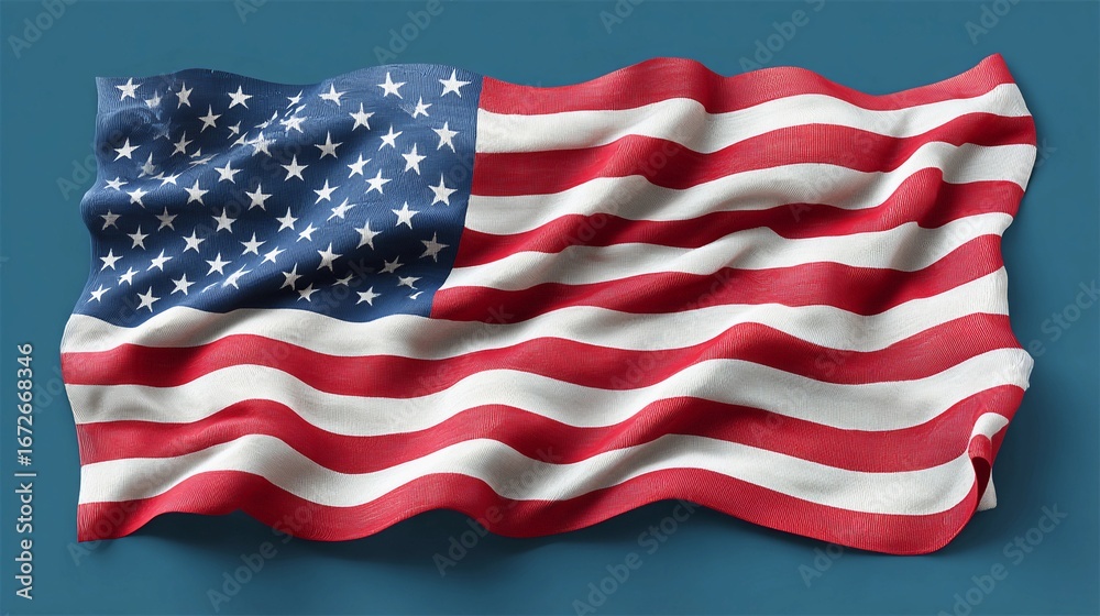 Obraz premium Waving American flag design showcasing vibrant colors and distinct patterns of stars and stripes against a blue background, symbolizing patriotism and national pride