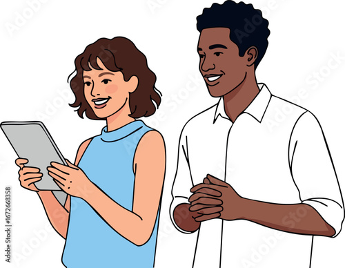 Diverse people using digital tablet for collaboration and communication vector illustration 