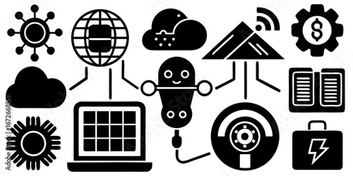Collection of technology and innovation icons representing global connectivity and automation silhouette isolated on white background