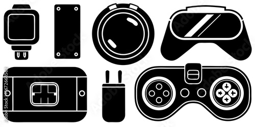 Collection of modern technology gadgets including a smartwatch vr headset game controller and power adapter silhouette isolated on white background