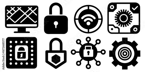 Collection of cybersecurity and technology icons including locks computer network and gears silhouette isolated on white background