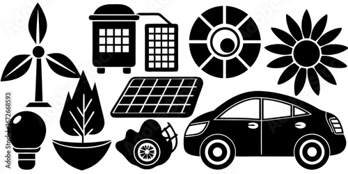 Collection of eco friendly technology and renewable energy sources silhouette icons isolated on white background