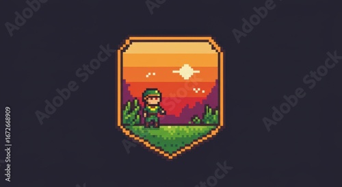 “A nostalgic pixel art–style vector badge or logo, evoking 8-bit or 16-bit video game aesthetics.”
