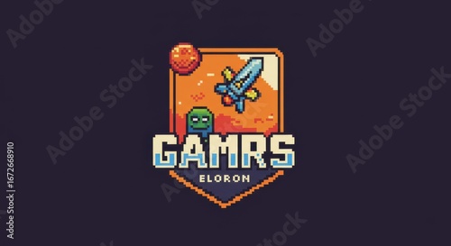“A nostalgic pixel art–style vector badge or logo, evoking 8-bit or 16-bit video game aesthetics.”
