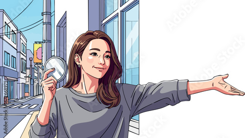 Young woman holding face mask outdoors in city street urban environment vector illustration 