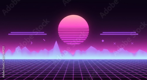 “A retro-futuristic vector illustration blending neon gradients, geometric sci-fi motifs, and nostalgia for the 80s-90s.”
