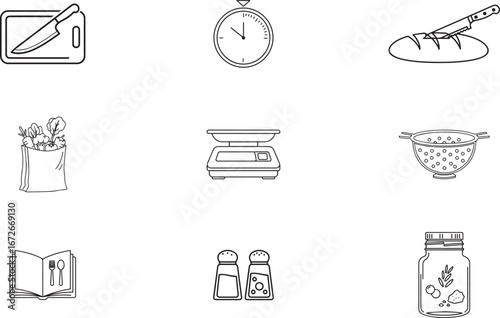 Assorted Kitchen Essentials Icons Featuring Cutting Board, Timer, Scale, Cookbook, and Spice Jars for Culinary Use