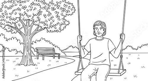 Young boy swinging on rope swing near tree and park bench outdoor scene vector illustration 
