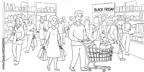 Crowded supermarket interior shoppers with carts during Black Friday sale event scene 