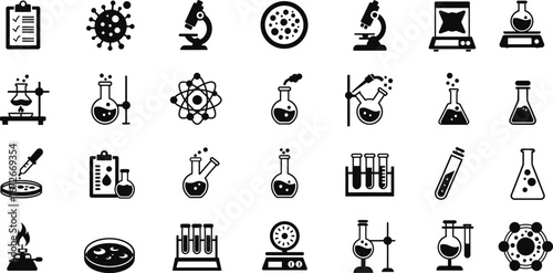Laboratory and Science Icon Set – Microscope, Test Tube, Flask, Virus, Chemistry, Experiment, Vector Clipart