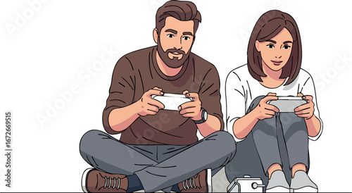 Young couple playing video games together sitting cross-legged on floor natural interaction 