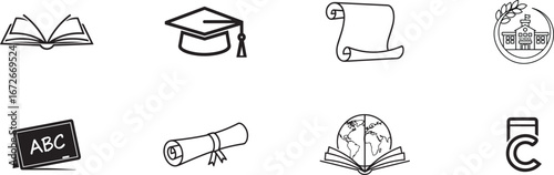 Academic Excellence and Educational Symbols: A Comprehensive Collection of Icons Representing Learning, Graduation, and Global Knowledge for Professional Use