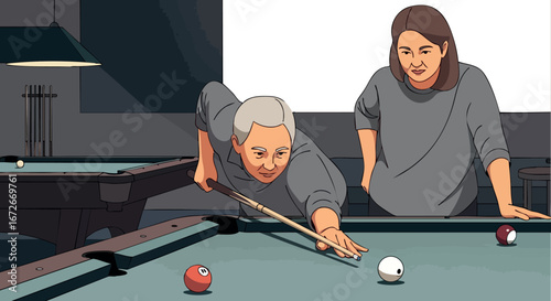 Elderly woman playing pool with middle-aged woman enjoying game indoors vector 