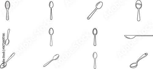 Diverse Collection of Stylized Spoon Icons for Culinary, Kitchen Utensils, Dining, and Food Preparation Illustrations in Design Projects