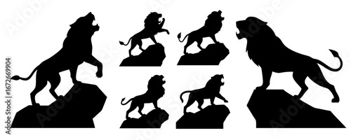 silhouette of a roaring lion standing on a rock, pure black vector outline, transparent background, high contrast, majestic wildlife pose