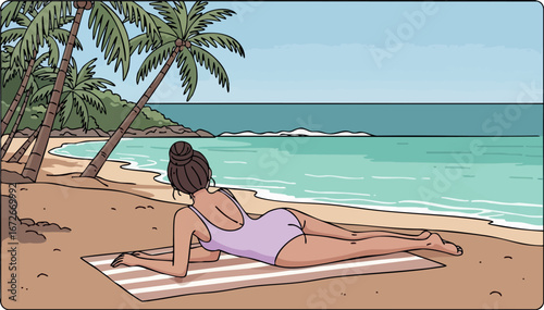 Woman Relaxing on Tropical Beach with Palm Trees and Ocean Waves Vector Illustration 