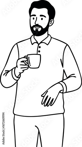 Man drinking coffee holding cup in casual clothing simple line art vector illustration 