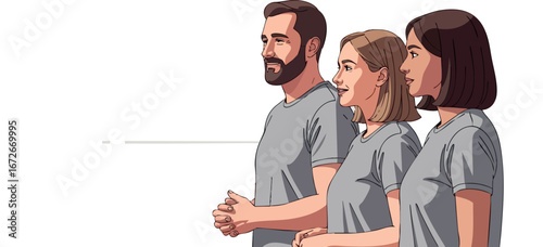 Group of three young people standing side by side in casual grey t-shirts vector illustration 