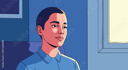 Young man portrait with blue shirt in indoor room vector illustration 