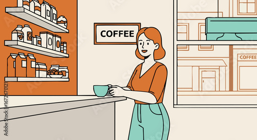 Woman enjoying coffee in modern cafe interior with orange accents vector illustration 