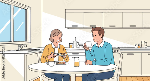 Couple enjoying breakfast at modern kitchen table in bright morning light vector illustration 