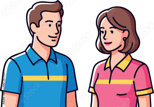 Man and Woman Wearing Casual Polo Shirts Smiling at Each Other Vector Illustration 
