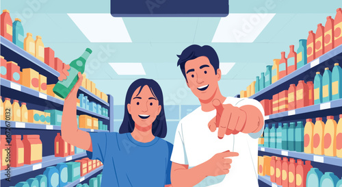 Happy young couple shopping in supermarket aisle with colorful bottles and products 