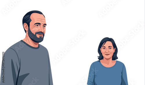 Middle aged man and woman portrait vector illustration in casual clothes smiling 